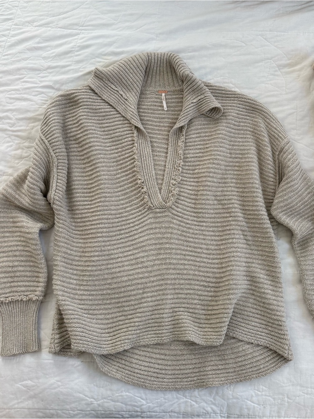 Free People Ribbed V-Neck Turtleneck Pullover - Light Taupe